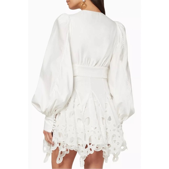 Acler Vicount V-neck Lace Eyelet-trim Puff-sleeve Tie-waist Mini Dress in White - Picture 2 of 16